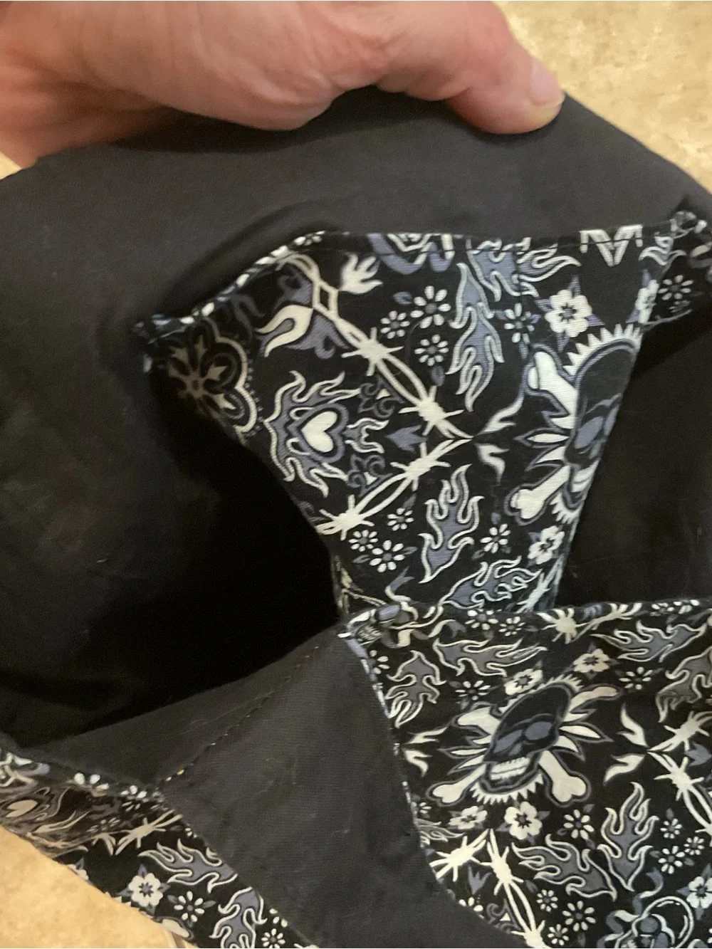 Black Patterned Tote Bag with Skull Motif